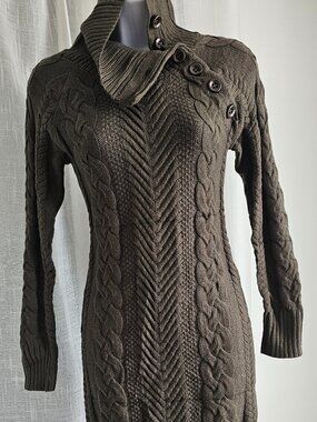 Women's Long Sleeve High Neck Button Detail Mini Knit Dress Olive Size XS NEW